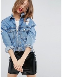 Asos Denim Jacket In Midwash Blue With Rips