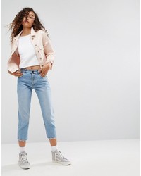 Asos Denim Jacket In Washed Pink With Rips