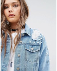 Glamorous Denim Jacket With All Over Stud And Distressing