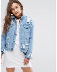 Glamorous Denim Jacket With All Over Stud And Distressing