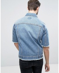 Asos Denim Jacket With Cut Off Sleeve In Mid Wash, $56