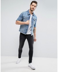 Asos Denim Jacket With Cut Off Sleeve In Mid Wash