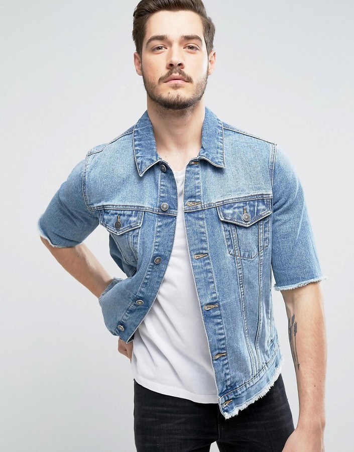 Asos Denim Jacket With Cut Off Sleeve In Mid Wash, $56