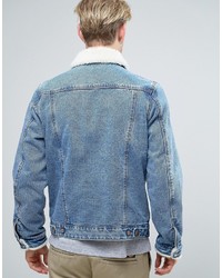 Asos Denim Jacket With Fleece Collar In Mid Wash