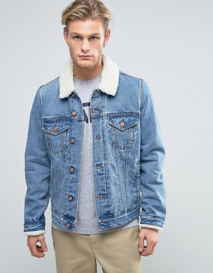 Asos Denim Jacket With Fleece Collar In Mid Wash, $72 | Asos | Lookastic