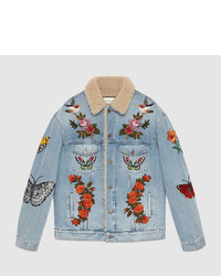 Gucci Embroidered Denim Jacket With Shearling