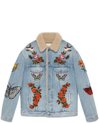 Gucci Embroidered Denim Jacket With Shearling
