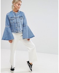 Asos Petite Petite Denim Jacket With Rips And Fluted Sleeve