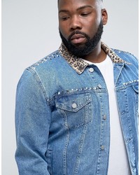 Asos Plus Denim Jacket With Leopard Print Collar And Stud Detail In Blue Wash