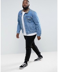 Asos Plus Denim Jacket With Leopard Print Collar And Stud Detail In Blue Wash