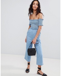 ASOS DESIGN Denim Shirred Bardot Jumpsuit In Lightwash Blue