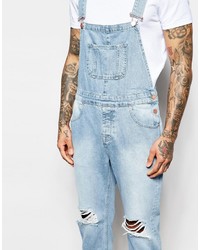 Asos Brand Denim Overalls In Skinny With Rips In Light Wash
