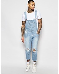 Asos Brand Denim Overalls In Skinny With Rips In Light Wash