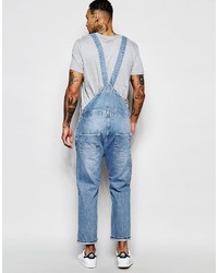 Asos Brand Denim Overalls With Panel And Rips In Light Wash