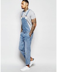 Asos Brand Denim Overalls With Panel And Rips In Light Wash