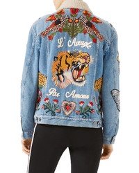 Gucci Embroidered Denim Jacket With Shearling Fur Lining Light Blue