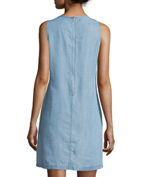 Neiman Marcus Embroidered Chambray Sleeveless Dress Soft Denim Blue