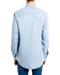 Topman Band Collar Bleach Wash Denim Shirt