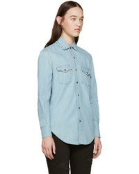 Saint Laurent Blue Ruffled Collar Denim Shirt