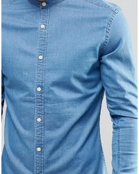 Asos Brand Skinny Denim Shirt In Mid Wash With Grandad Collar And Long Sleeve