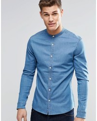 Asos Brand Skinny Denim Shirt In Mid Wash With Grandad Collar And Long Sleeve