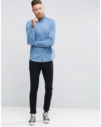 Asos Brand Skinny Denim Shirt In Mid Wash With Long Sleeves