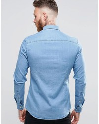 Asos Brand Skinny Denim Shirt In Mid Wash With Long Sleeves