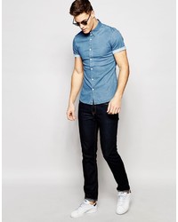 Asos Brand Skinny Denim Shirt With Short Sleeves In Mid Wash