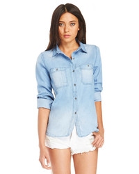 Dailylook Classic Long Sleeve Chambray Shirt In Light Blue M