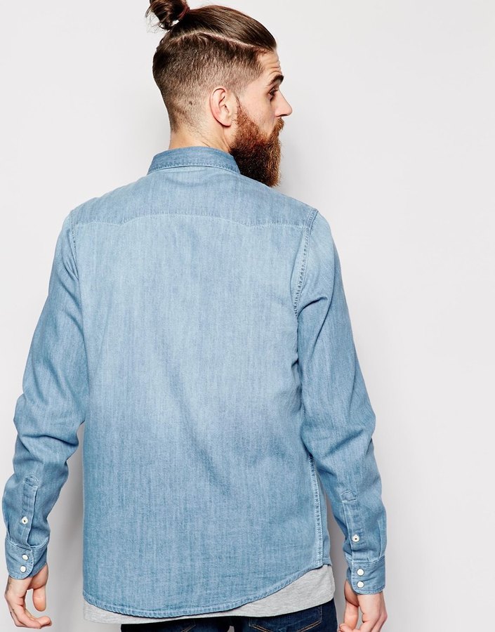Sky Blue V-shape Stitching Puff Sleeve Denim Shirt | dealstu