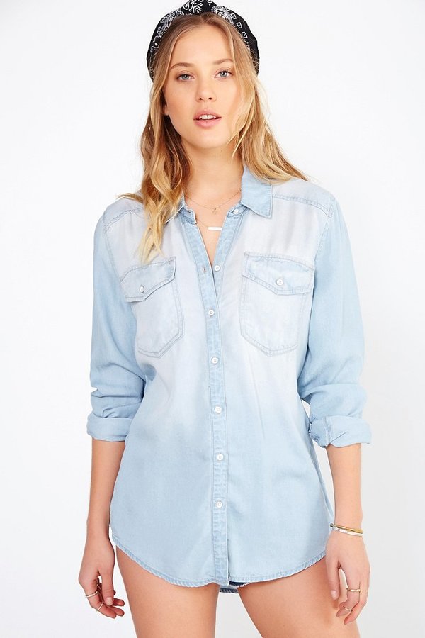 light blue denim button up shirt