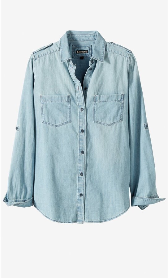 Express Convertible Sleeve Denim Boyfriend Shirt, $54 | Express | Lookastic