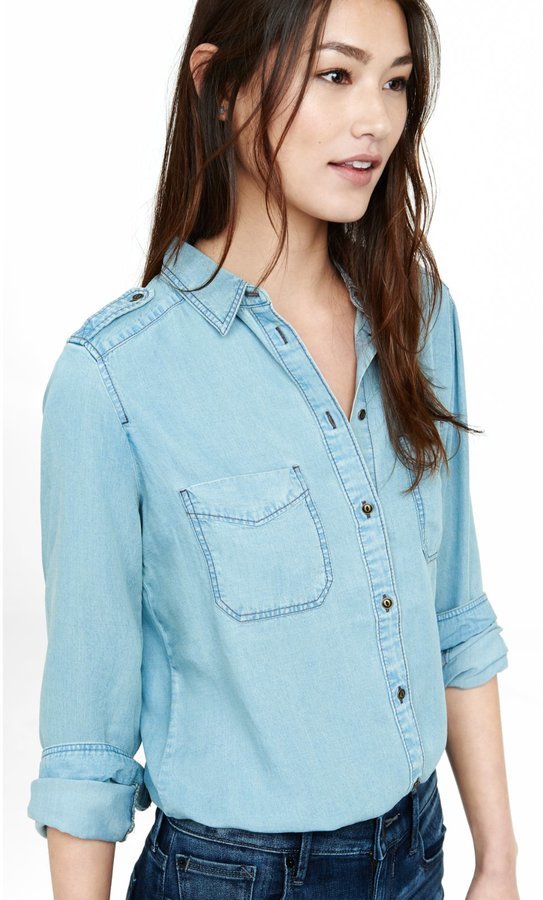 Light Wash Denim Soft Military Boyfriend Shirt, $59 | Express ...