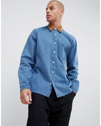 ASOS DESIGN Overshirt In Heavy Denim With Cord Collar And Cuffs In Mid Wash
