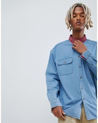 ASOS DESIGN Oversized Denim Shirt With Check Cord Collar And Inner Cuffs