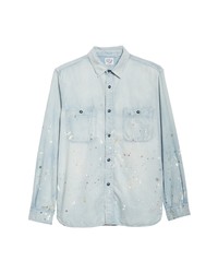 orSlow Paint Splatter Bleached Chambray Long Sleeve Button Up Shirt