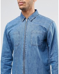 Pull&Bear Zip Up Denim Overshirt In Mid Wash Blue In Slim Fit