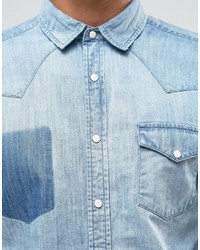 Asos Regular Fit Distressed Western Denim Shirt In Blue