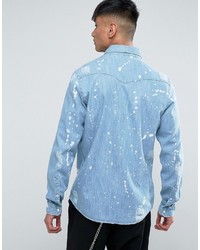 Asos Regular Fit Distressed Western Denim Shirt With Paint Splatter