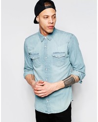 Pull&Bear Western Denim Shirt In Light Blue In Regular Fit
