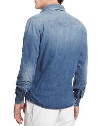 Brunello Cucinelli Western Style Button Down Denim Shirt Powder Blue