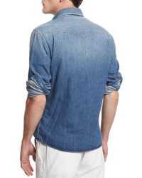 Brunello Cucinelli Western Style Button Down Denim Shirt Powder Blue