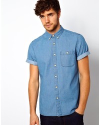 Asos Denim Shirt In Short Sleeve With Mid Wash
