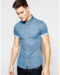 Asos Brand Skinny Denim Shirt With Short Sleeves In Mid Wash