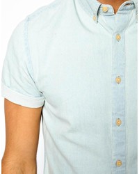 Asos Denim Shirt In Short Sleeve With Bleach Wash