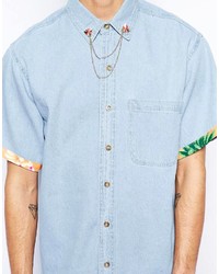 Reclaimed Vintage Denim Short Sleeve Shirt With Collar Tips And Chain