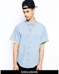 Reclaimed Vintage Denim Short Sleeve Shirt With Collar Tips And Chain