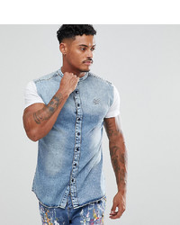 Siksilk Muscle Denim Shirt In Blue With Jersey Sleeves