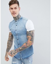 Siksilk Shirt In Washed Denim With Jersey Sleeves