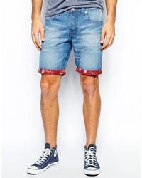 D Struct Denim Shorts With Contrast Turn Ups